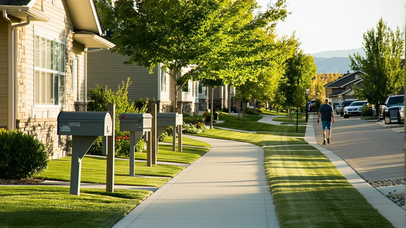 A curved sidewalk lined with gray mailboxes in a sunny suburban Utah neighborhood.