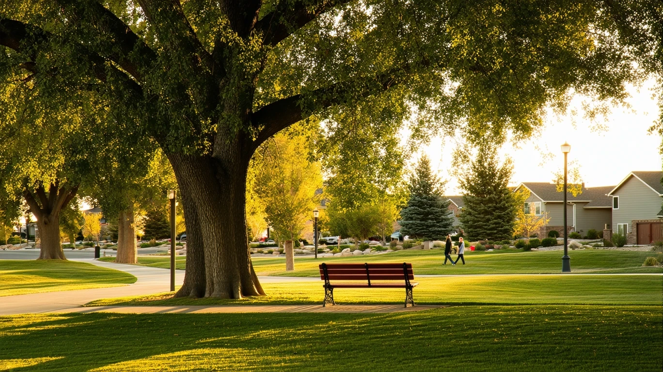 A park lawn with oak trees and empty benches in late afternoon light in Herriman, Utah.
