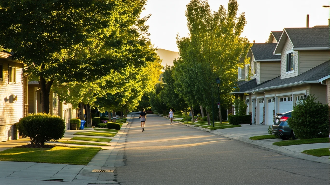A tree-lined residential street in Herriman, Utah with single-story homes and a person walking in the distance at sunrise.