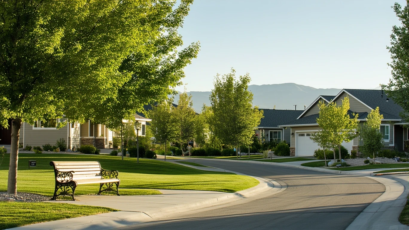 A view of a neighborhood park with a path and bench, with houses visible across the street in Herriman, Utah.