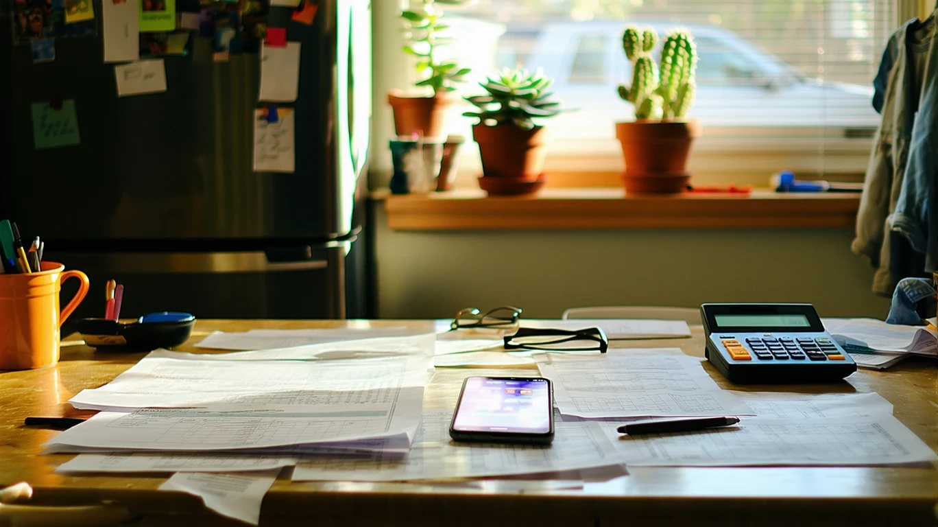 A cluttered kitchen table with a phone, budget papers, and receipts.