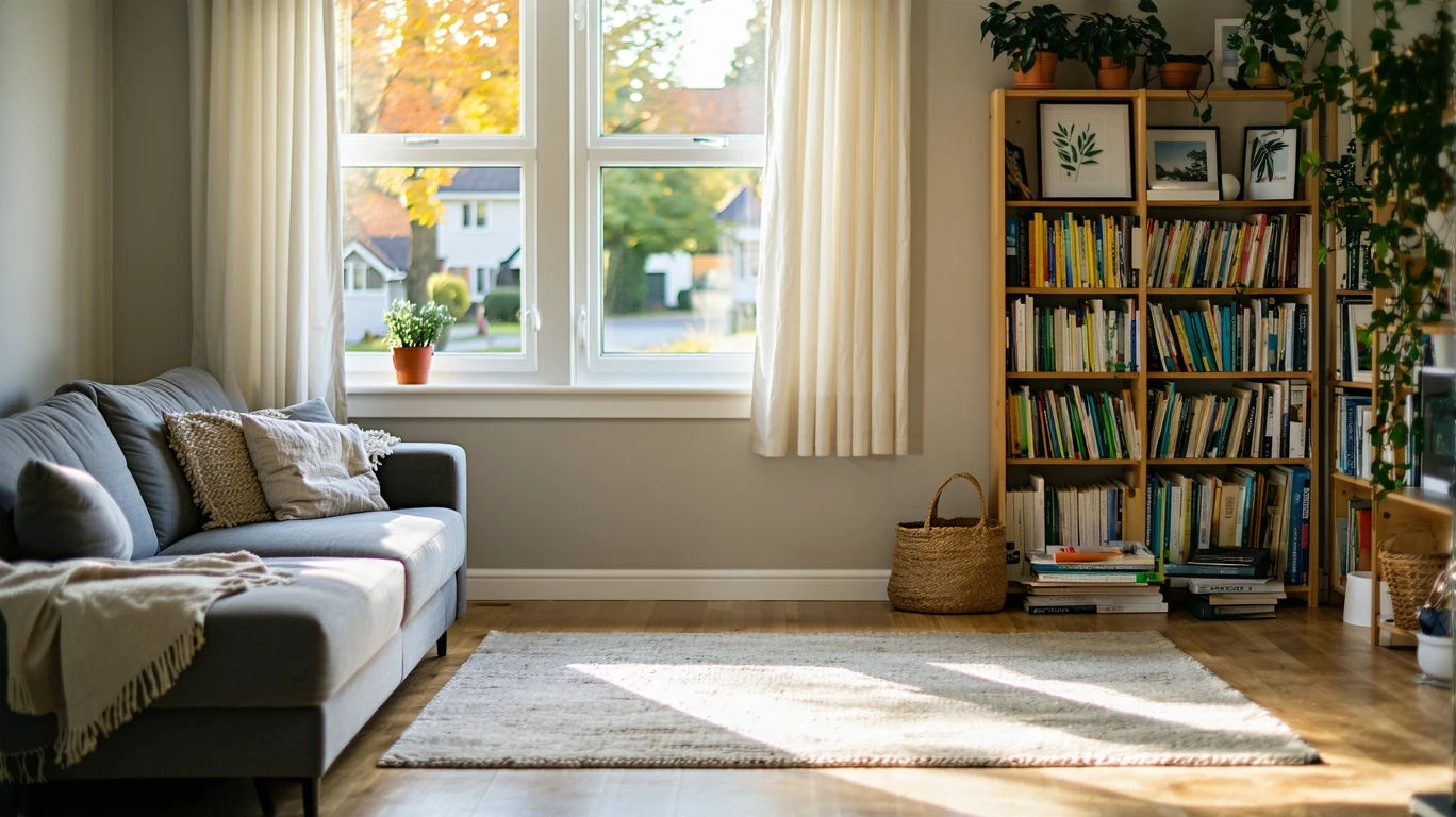A sunlit living room with a couch, bookshelf, and view of a suburban street through sheer curtains.