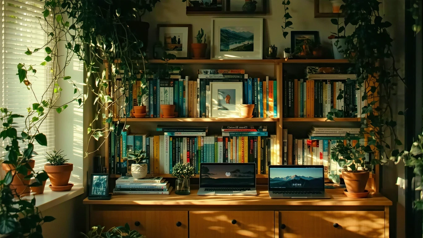 A bookshelf with a Wi-Fi router and modem tucked between books and decor in a Herriman apartment.