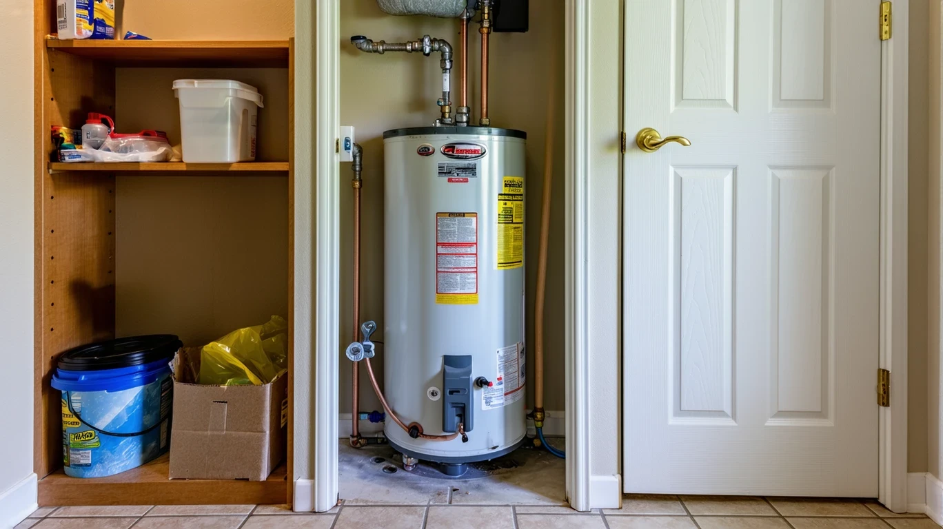 A water heater in a closet with a wrench on a shelf and scuffed tile floor.