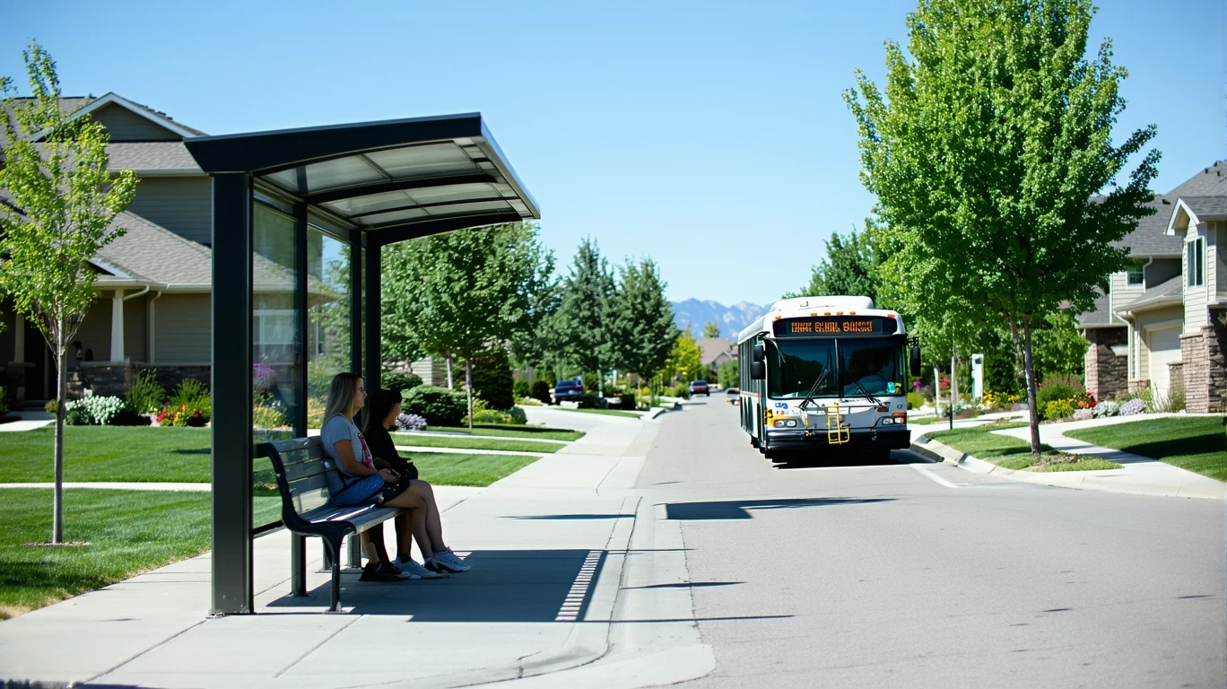A young woman waits at a bus stop shelter on a sunny suburban street as a city bus approaches.