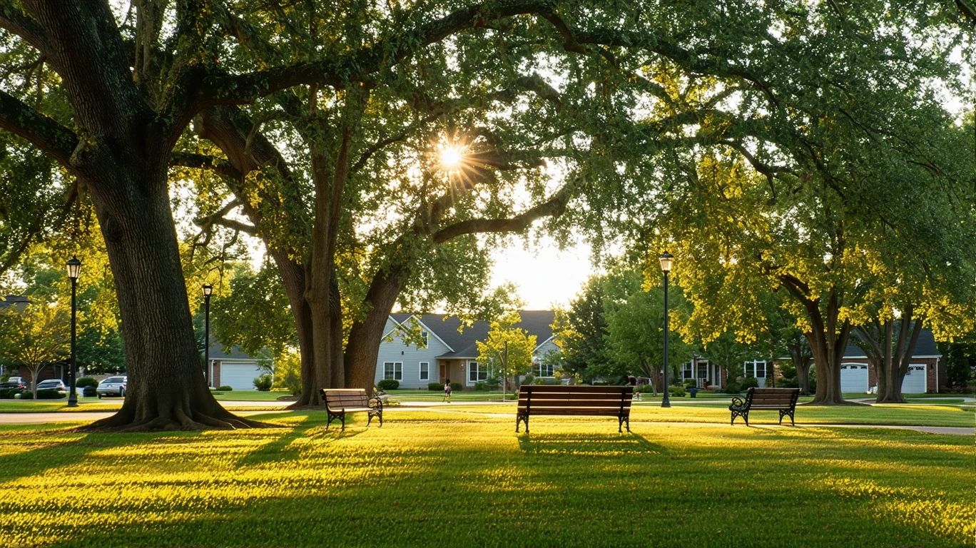 A peaceful suburban park with oak trees, empty benches, and golden evening light stretching across the lawn.