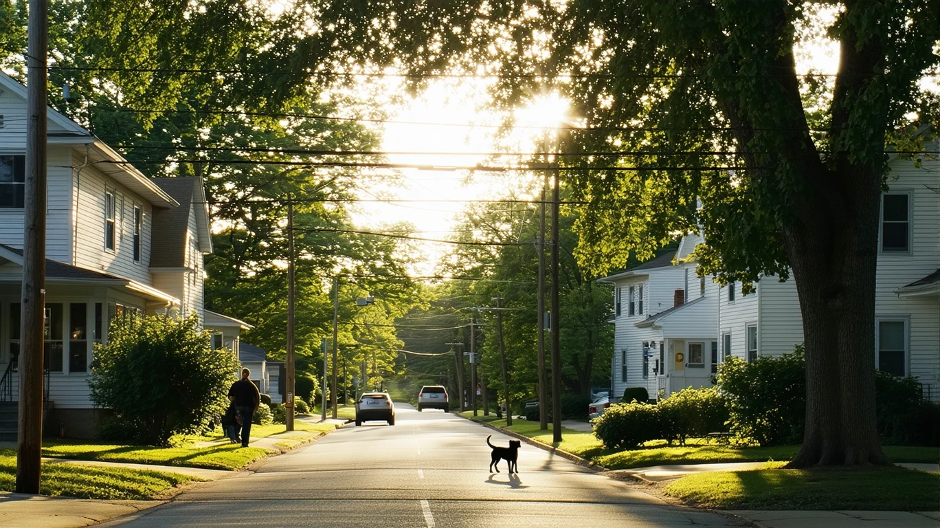A quiet suburban street in Hilliard, Ohio with sunlight filtering through maple trees onto modest single-family homes and a lone pedestrian walking a dog on the sidewalk.
