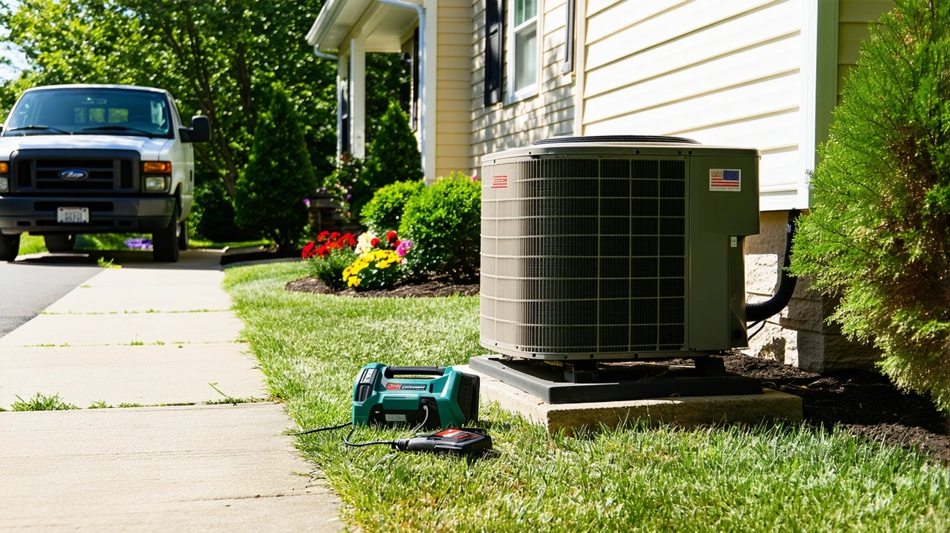 HVAC technician servicing outdoor unit at suburban home on sunny day.