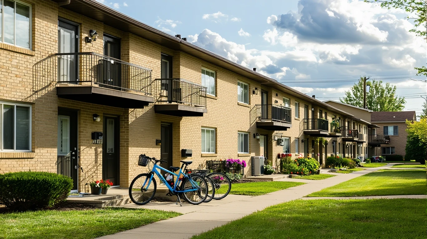 Row of small apartment buildings with potted plants and bicycles out front.