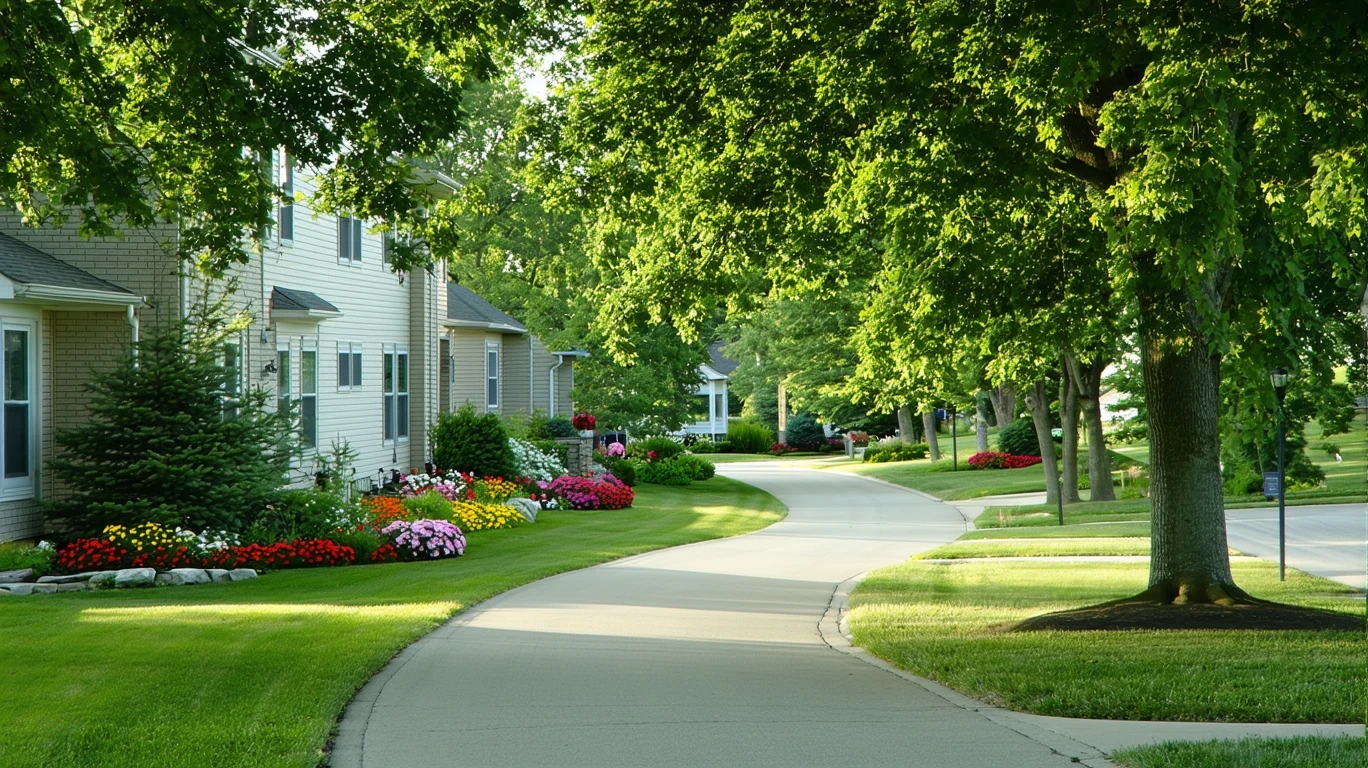A sidewalk curves through a tree-lined suburban street with glimpses of well-kept homes and gardens.