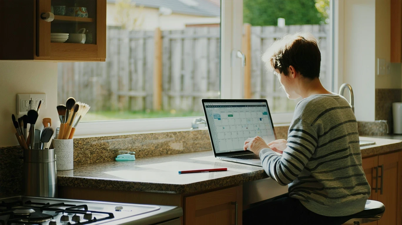 A single parent reviews their monthly household budget on a laptop at their kitchen counter in Hilliard, Ohio.
