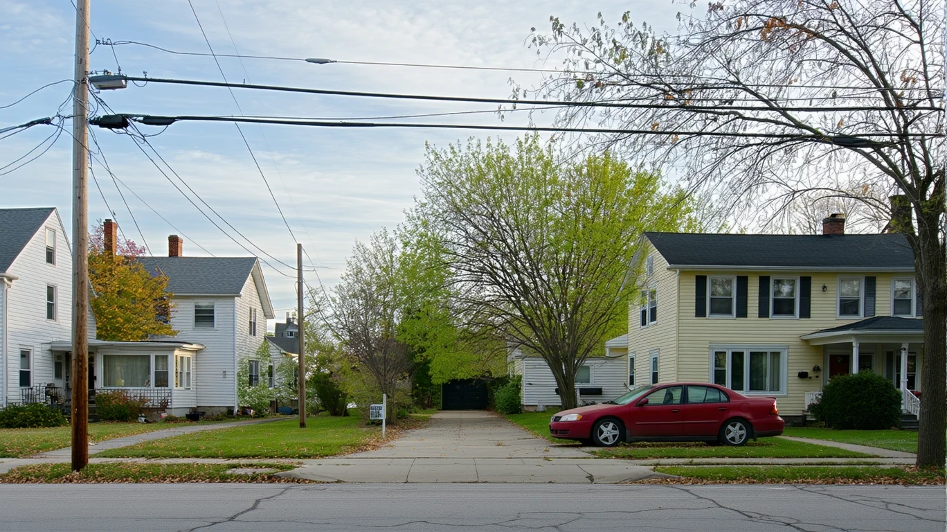 A residential street corner in Hilliard, Ohio with older homes, patchy lawns, a parked car, and overhead power lines on a warm afternoon.