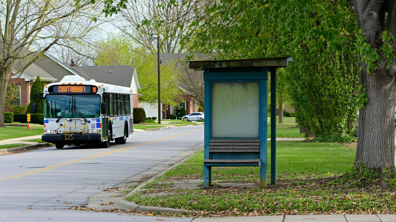 A bus stop shelter on a suburban street in Hilliard, Ohio, with a COTA bus idling nearby.