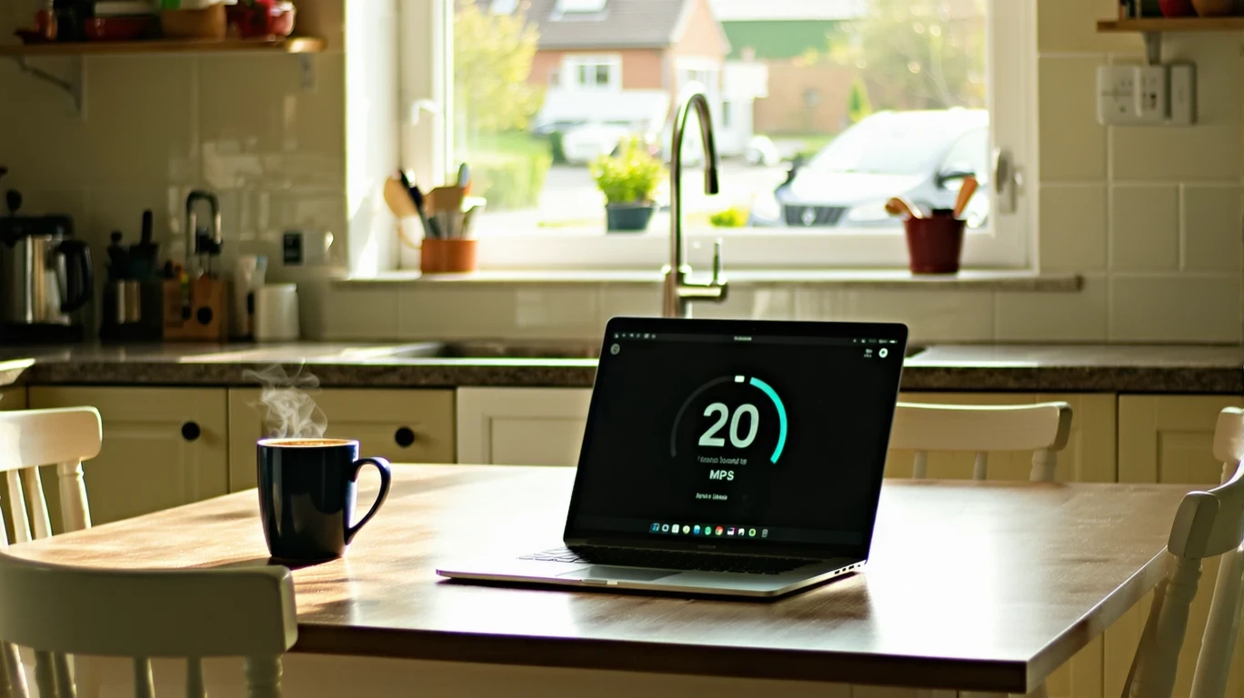 Laptop on kitchen table showing internet speed test result, with coffee mug.