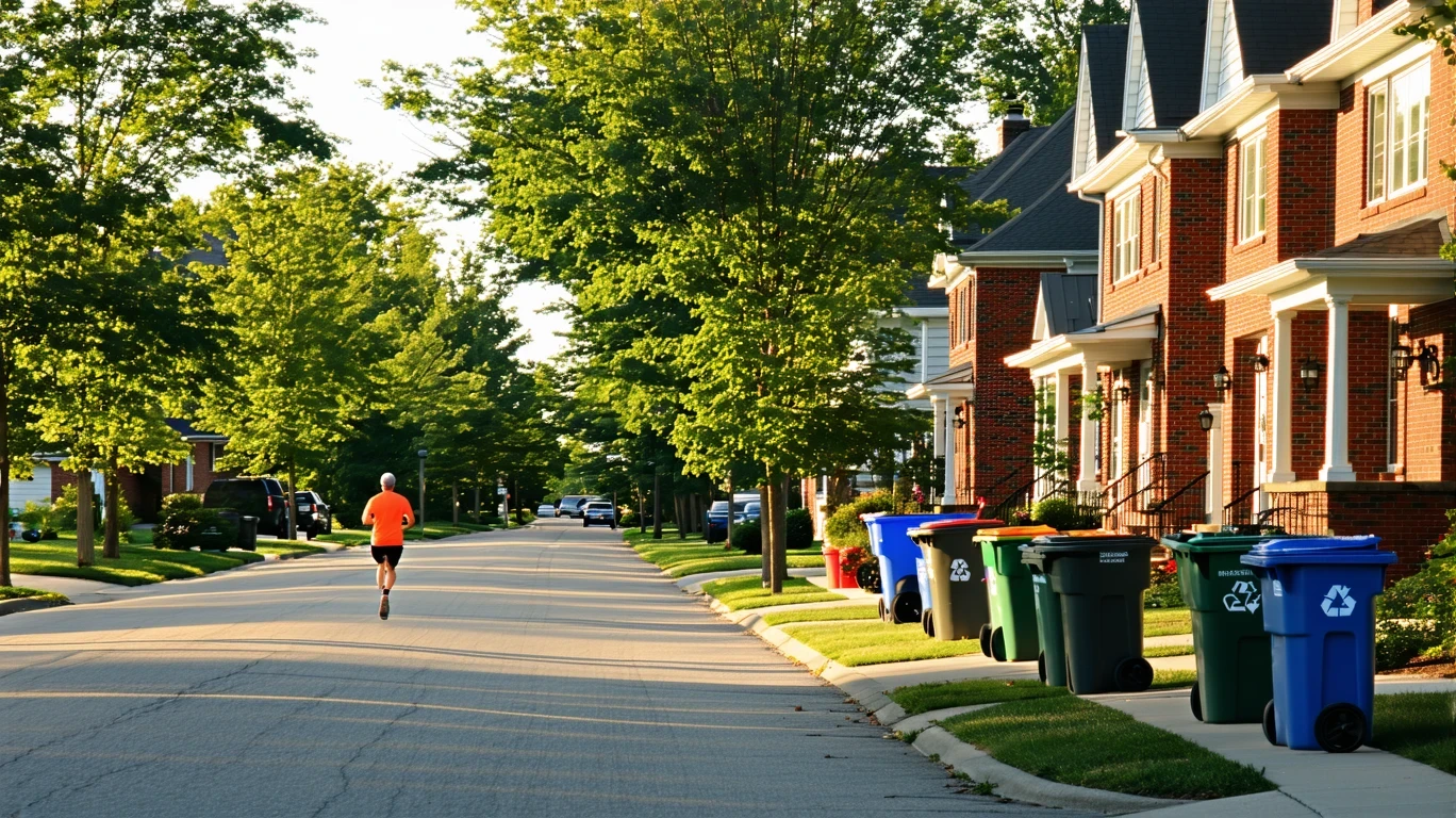 A tidy suburban street in Hilliard, Ohio lined with red-brick homes and recycling bins out for pickup. A jogger runs past.