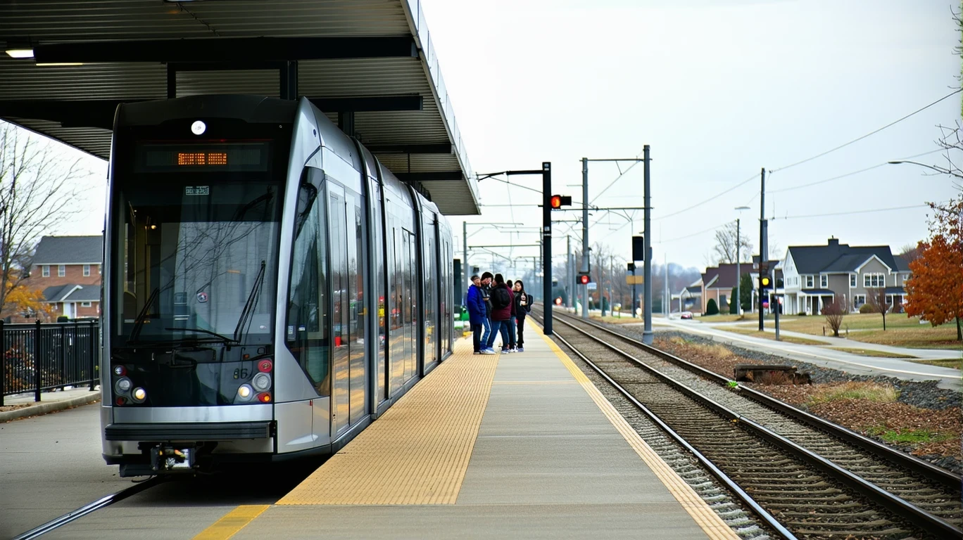 A light rail station platform in Hillview, Kentucky with a few commuters waiting on an overcast day.