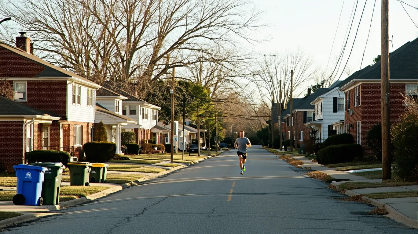 A jogger runs past red-brick homes and trash bins lining a suburban street on a clear morning.