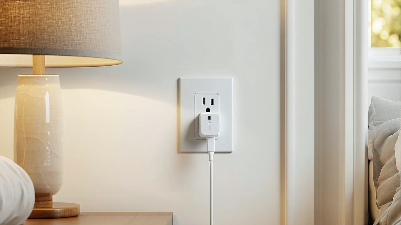 Wall outlet with smart plug and lamp in a tidy home interior.