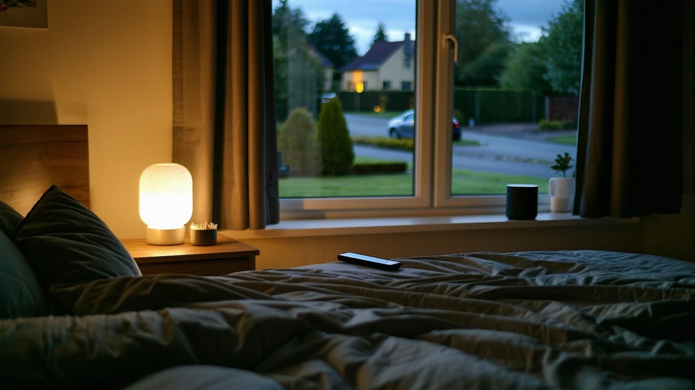A nightstand with a remote, phone, and smart speaker under a lamp, next to a bed.