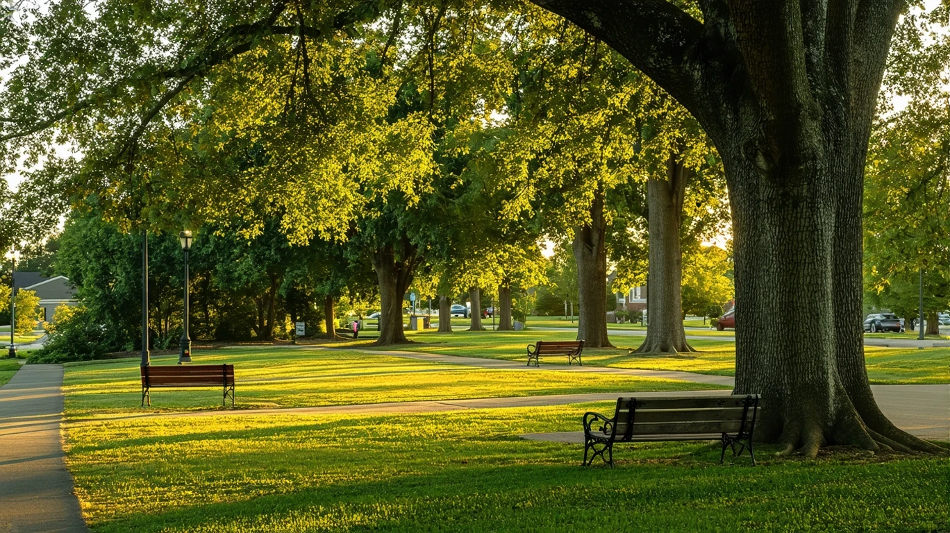 A peaceful park lawn with benches beneath oak trees in golden afternoon light.