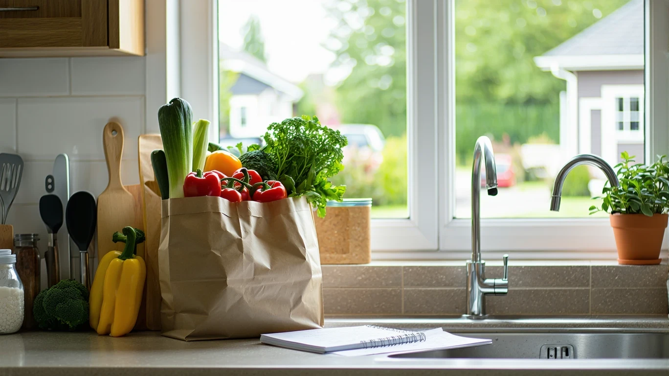 A grocery bag, shopping list, and receipts on a kitchen counter in a suburban home.