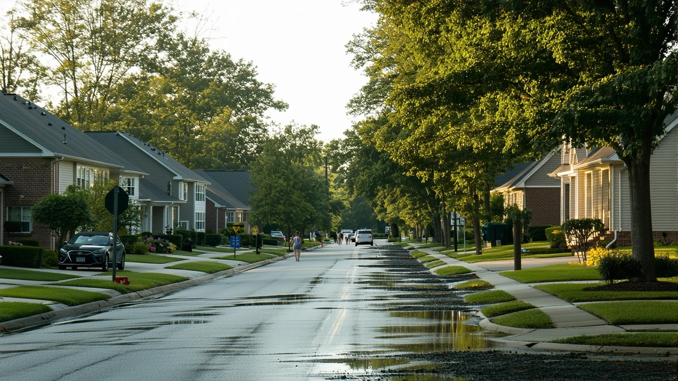 Tree-lined suburban avenue in Hillview, KY with wet asphalt and palm tree reflections after a rain shower.
