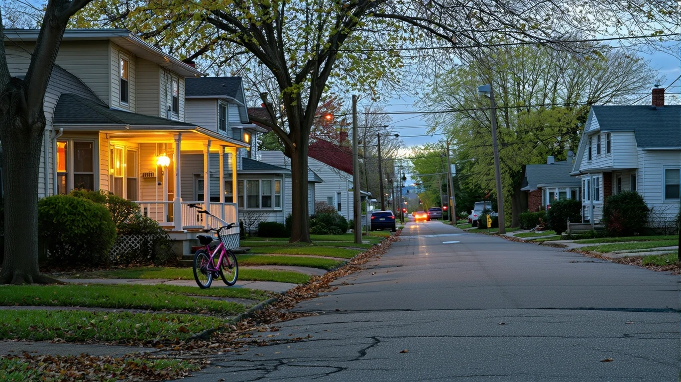 A quiet suburban cul-de-sac at dusk with porch lights turning on, a child's bicycle by the curb, and well-maintained single-story homes.
