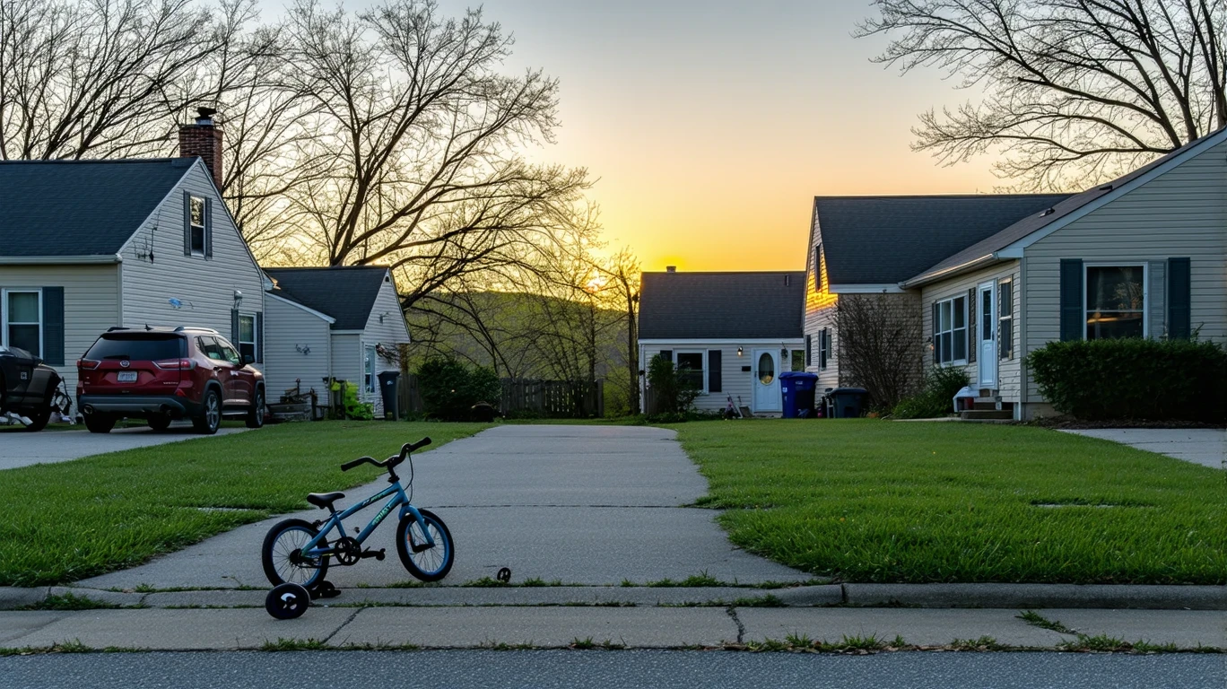 A quiet suburban cul-de-sac in Hillview, Kentucky at dusk with porch lights turning on and a child's bicycle near the curb.