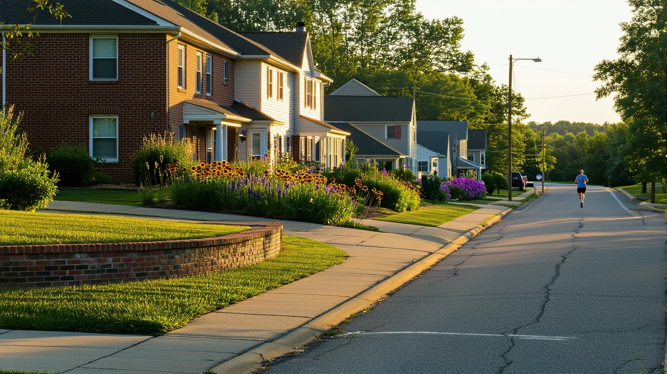 A tidy suburban cul-de-sac in the early morning light, with modest homes, landscaped lawns, and a jogger in the distance.