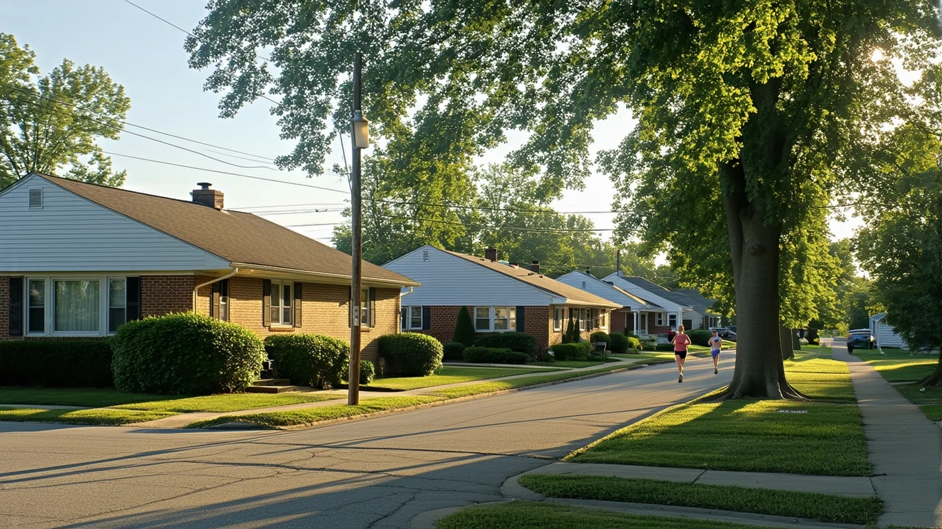 Quiet suburban street in Hillview, Kentucky with modest one-story homes and leafy trees casting long shadows in the early morning light.