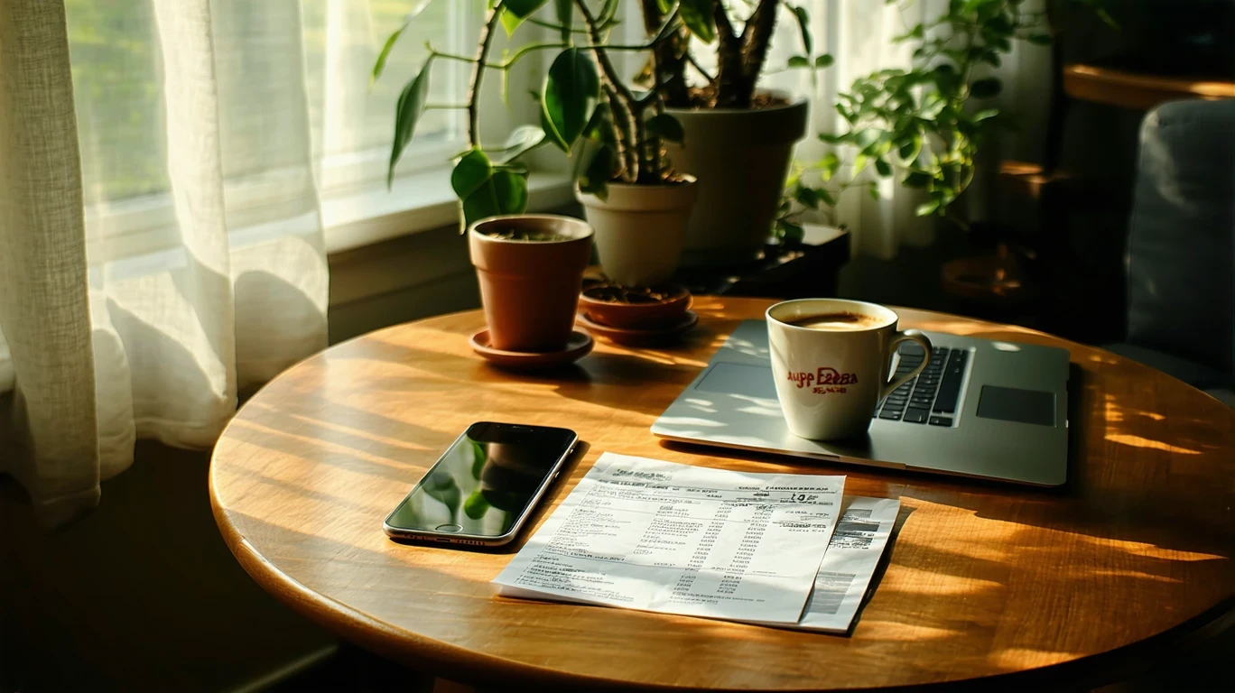 A phone, receipt, budget notes and delivery menu on a cluttered apartment table.