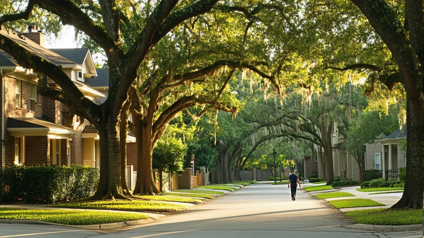 Tree-lined residential street in Houston with sidewalk curving under oak canopy and rooftops visible.