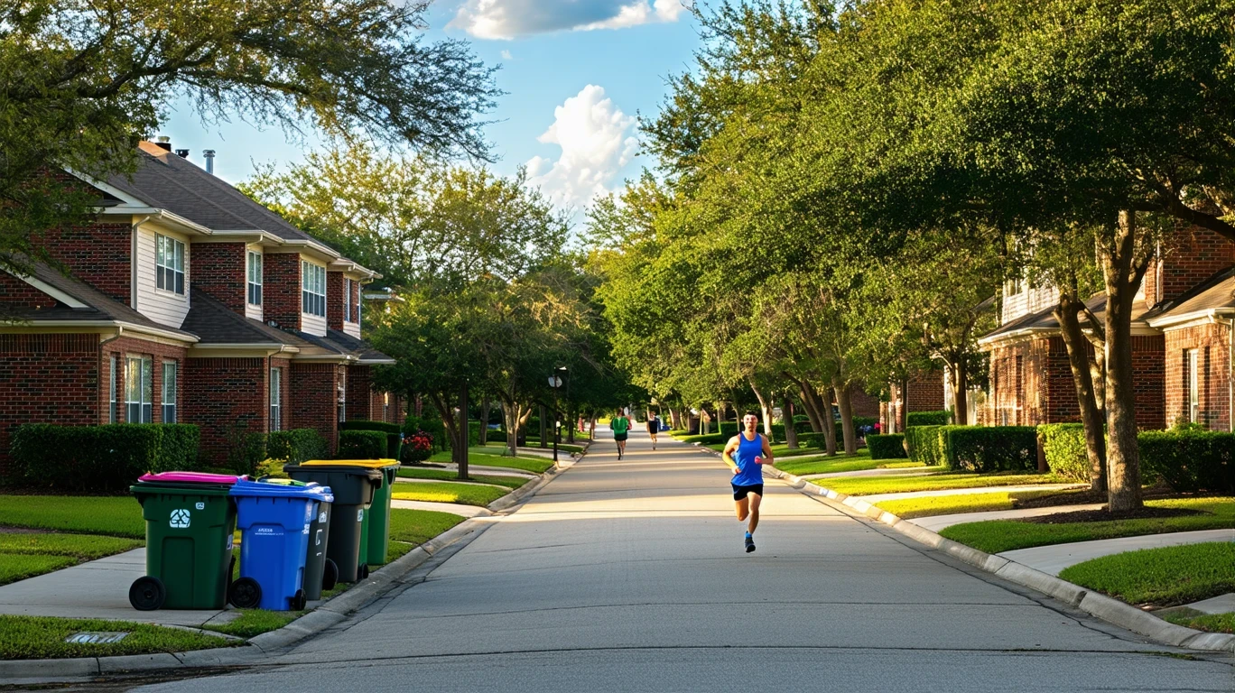 A jogger runs past a row of red-brick houses on a sunny suburban Houston street lined with recycling bins and trash cans on pickup day.