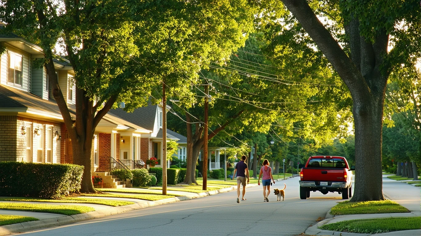 Maple trees line a residential Pearland street as a couple walks their dog on the sidewalk, with sunlight filtering through the leaves.