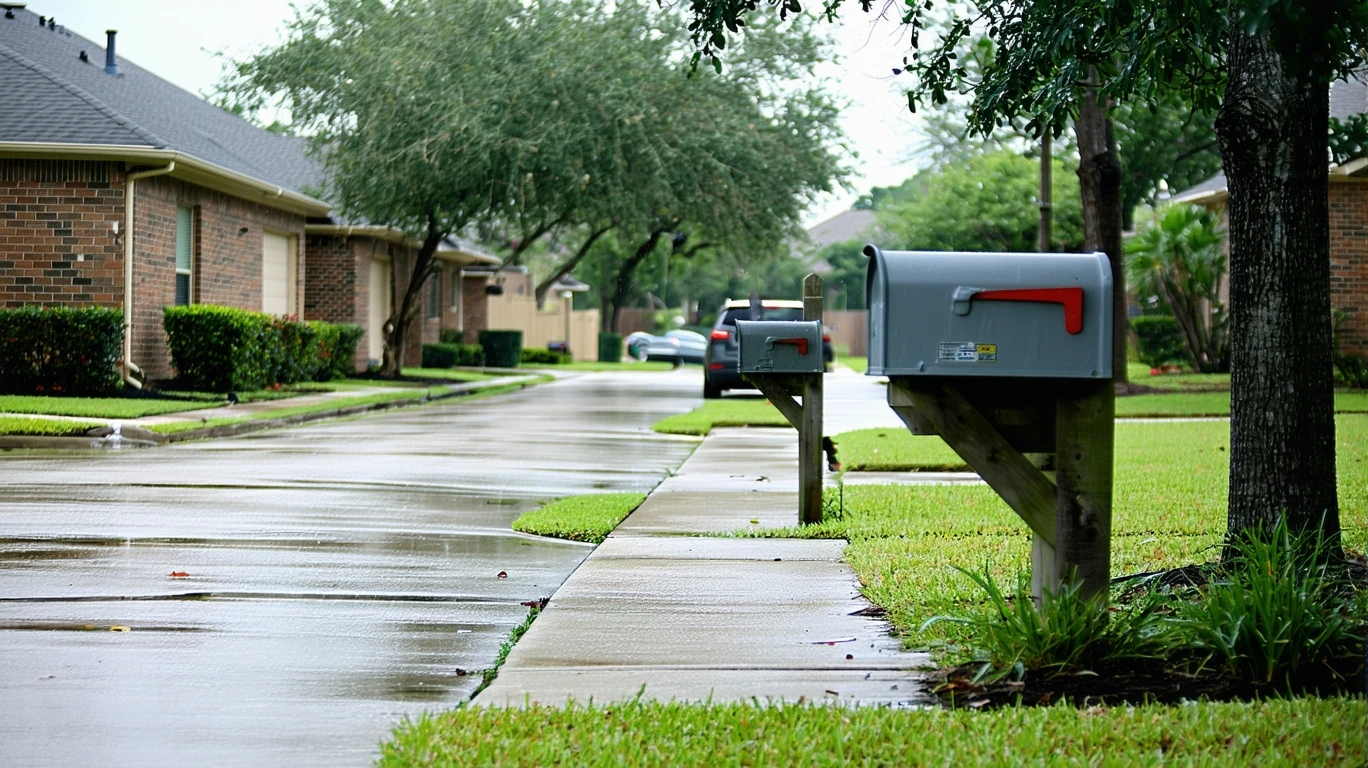 A suburban Houston street on an overcast day, with a sidewalk curving past mailboxes and brick homes.
