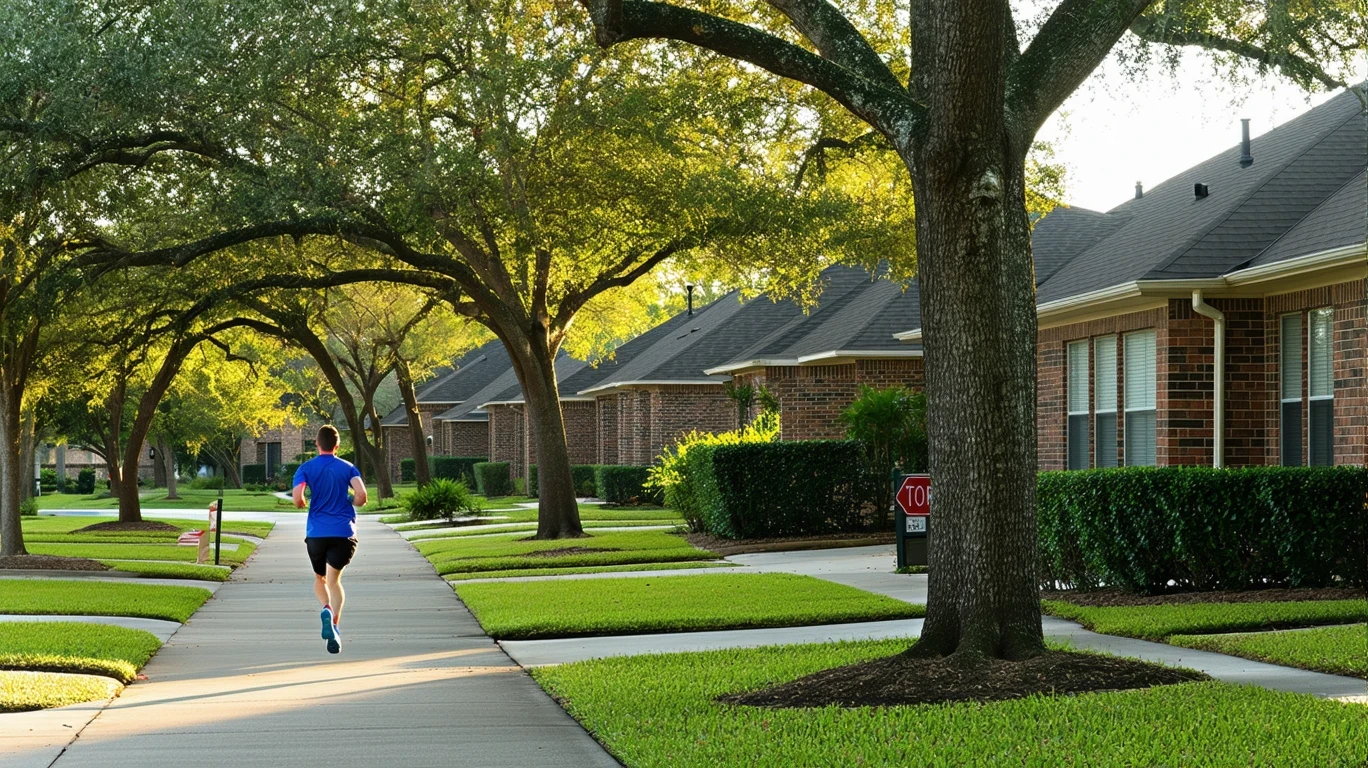 A quiet Katy neighborhood street in morning light, with modest homes, trees, and a jogger on the sidewalk.