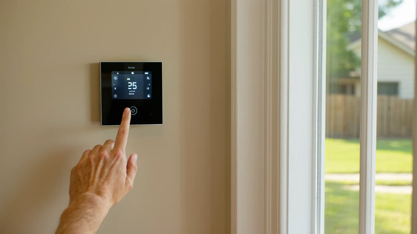 A hand adjusting the temperature on a smart thermostat mounted in a residential hallway.