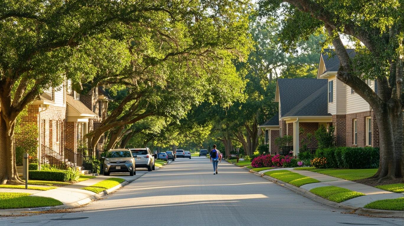 A tree-lined residential street in Houston with single-family homes and a pedestrian walking on the sidewalk.