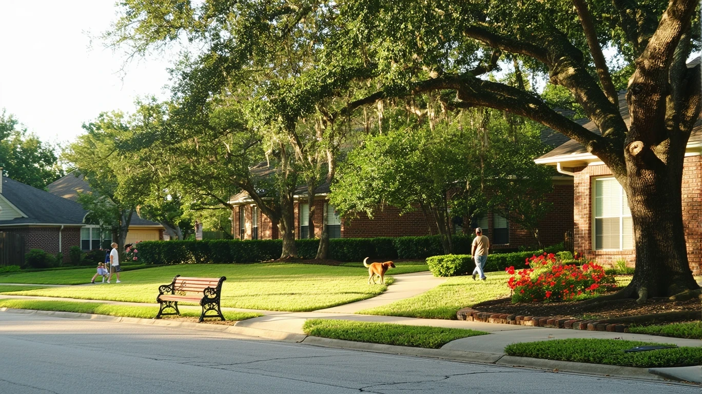 Suburban Houston neighborhood with a park across the street, oak trees, and a one-story brick home in the foreground.