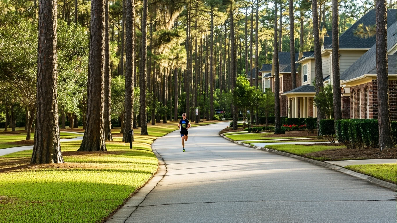 Suburban street in The Woodlands with tall pine trees arching over a winding sidewalk and glimpses of large homes beyond.
