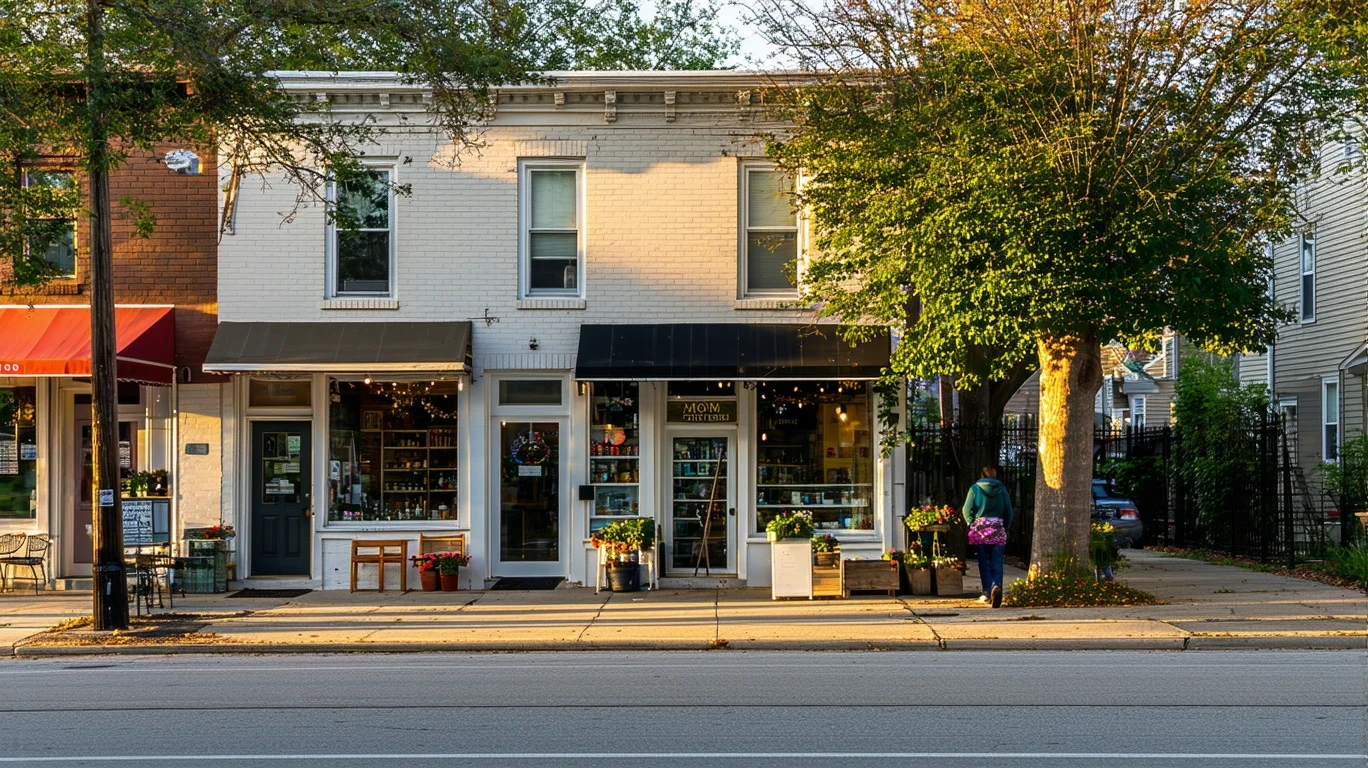 Mom-and-pop storefronts with patios next to a residential neighborhood in Houston at dusk.