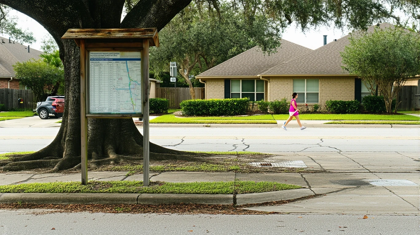 A worn bus stop sign on a cracked sidewalk corner in a modest Houston neighborhood with houses visible in the background.