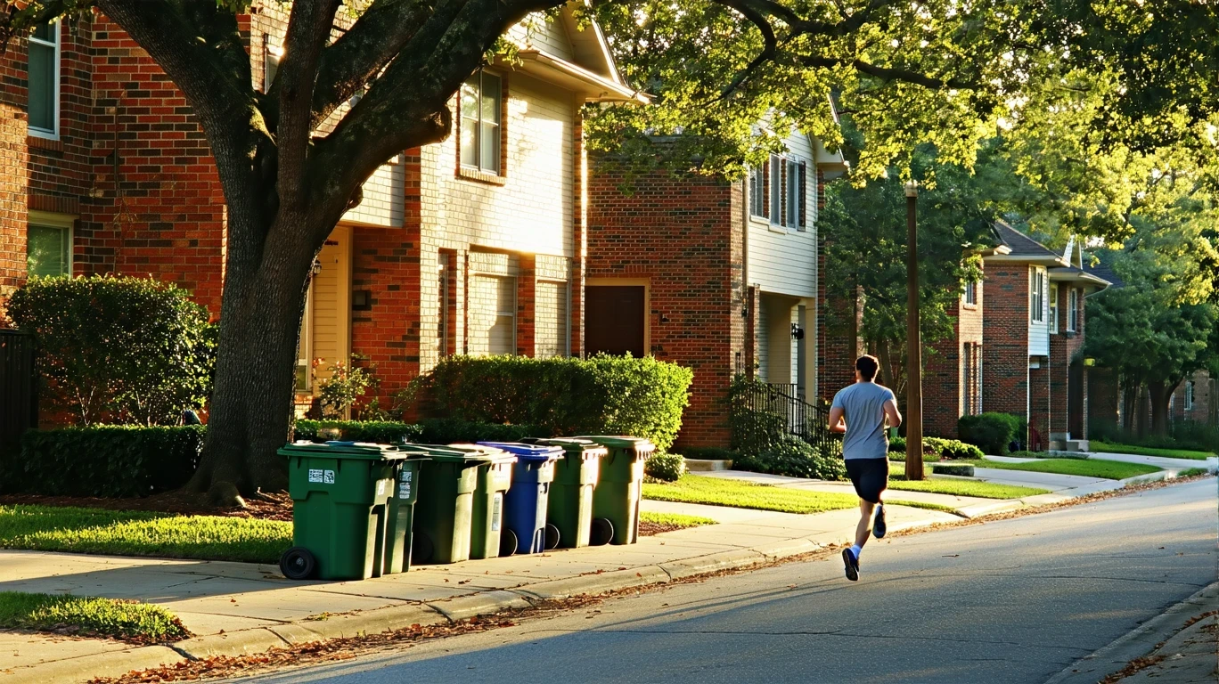 Tree-lined residential street in Houston with brick homes, bins on curb, and a jogger.