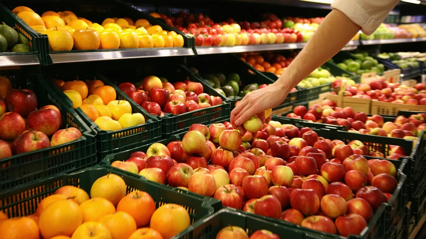 A hand selecting an apple from a grocery store produce bin filled with apples and oranges.