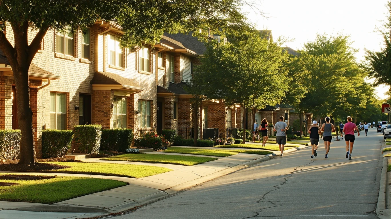 A tree-lined residential street in Houston with people walking on the sidewalk on a sunny day.