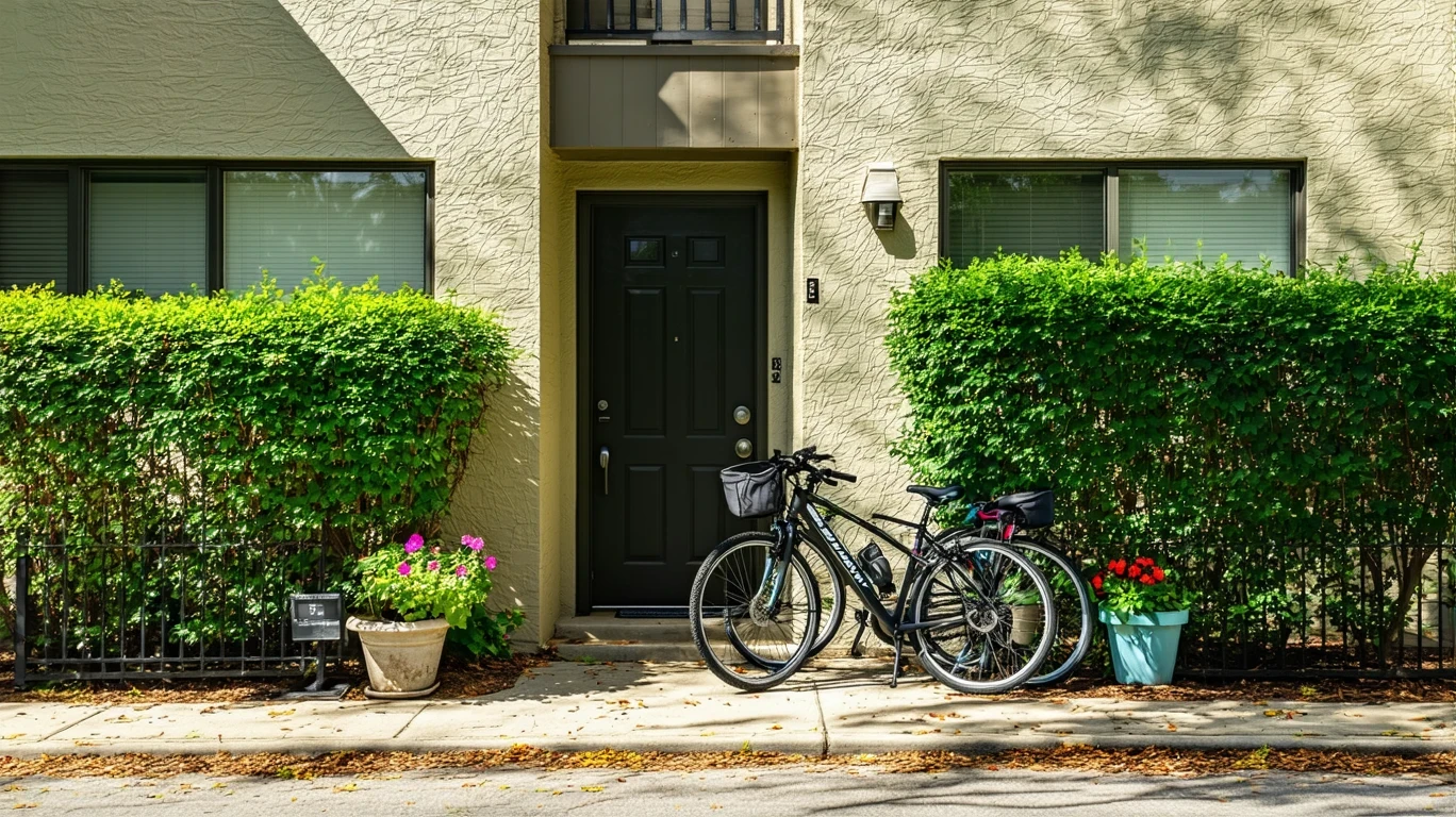 Exterior view of a small Houston apartment building with potted plants, bicycles, and metal railings.