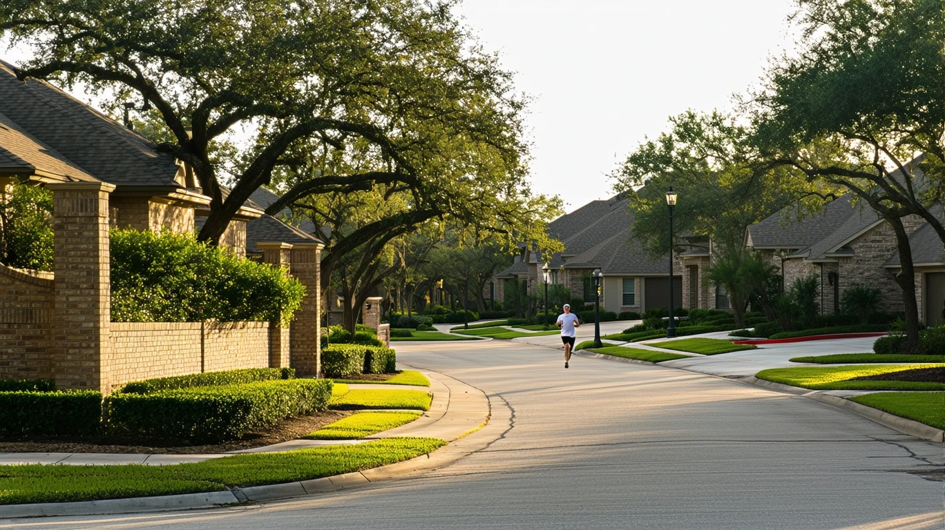View of a suburban Sugar Land street with brick walls, sidewalks, and single-story homes.