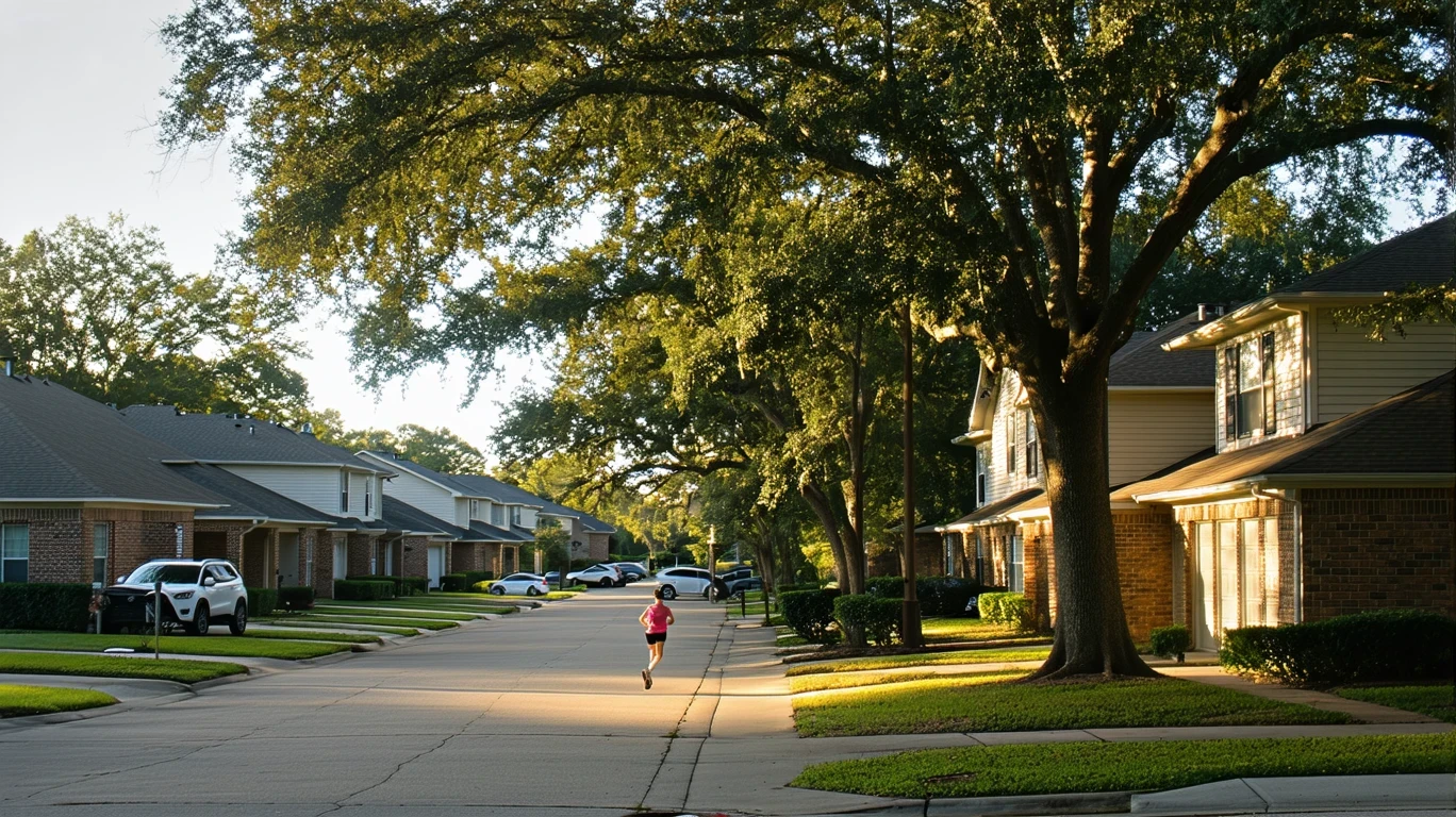 A peaceful residential street in Houston at sunrise, with one-story homes and leafy trees.