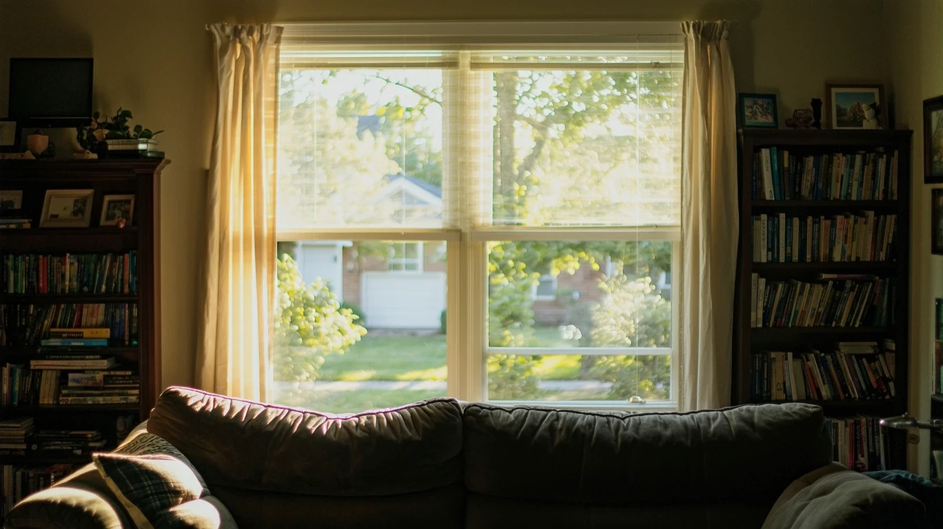A cozy living room with a couch and bookshelf, illuminated by soft light filtering through sheer curtains.