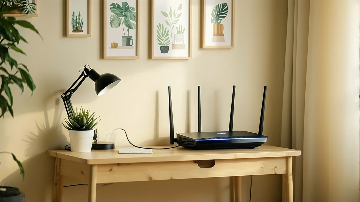 A tidy home office setup with a router and modem on a small wooden shelf.